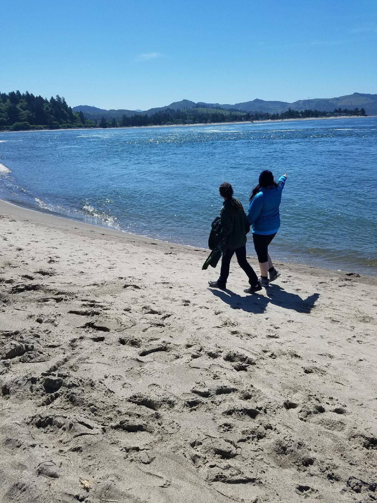 Two people walking on the beach